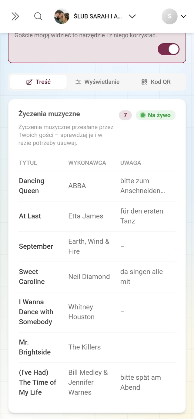 Tabela życzeń muzycznych u gospodarza z tytułem, wykonawcą i nadawcą