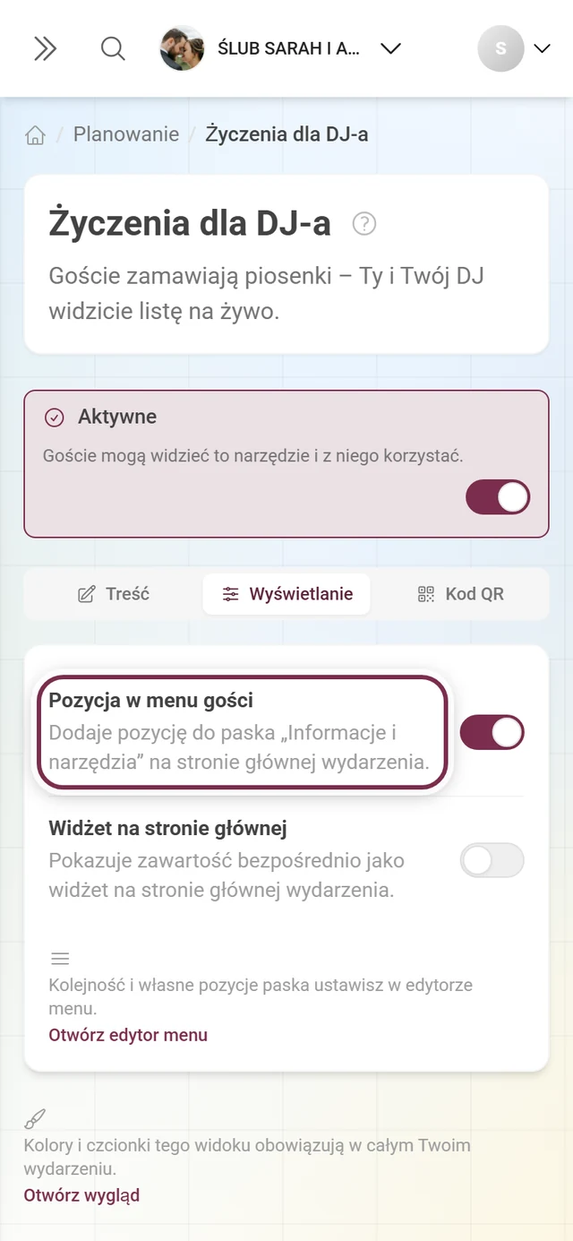 Zakładka Wyświetlanie Życzeń dla DJ-a z wyróżnionym przełącznikiem Pozycja w menu gości