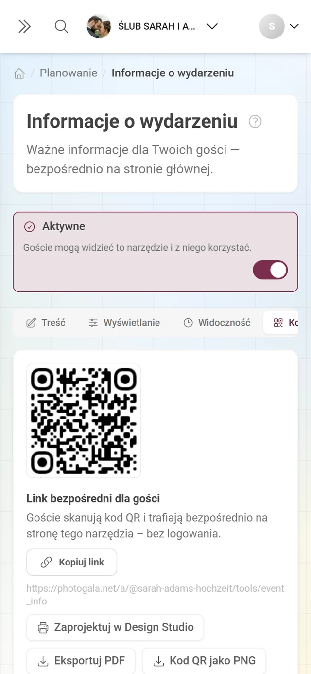 Karta Kod QR narzędzia z linkiem bezpośrednim, obrazem QR i przyciskami eksportu