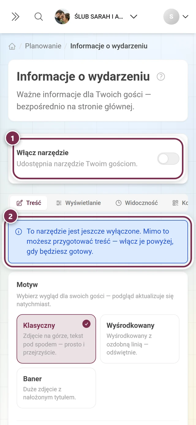 Strona Informacje o wydarzeniu z wyłączonym przełącznikiem narzędzia i niebieską wskazówką pod nim