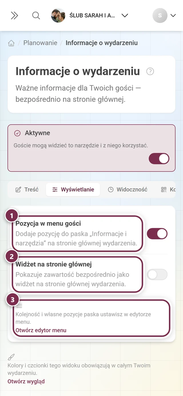 Zakładka Wyświetlanie z przełącznikami pozycji w menu gości i widżetu na stronie głównej