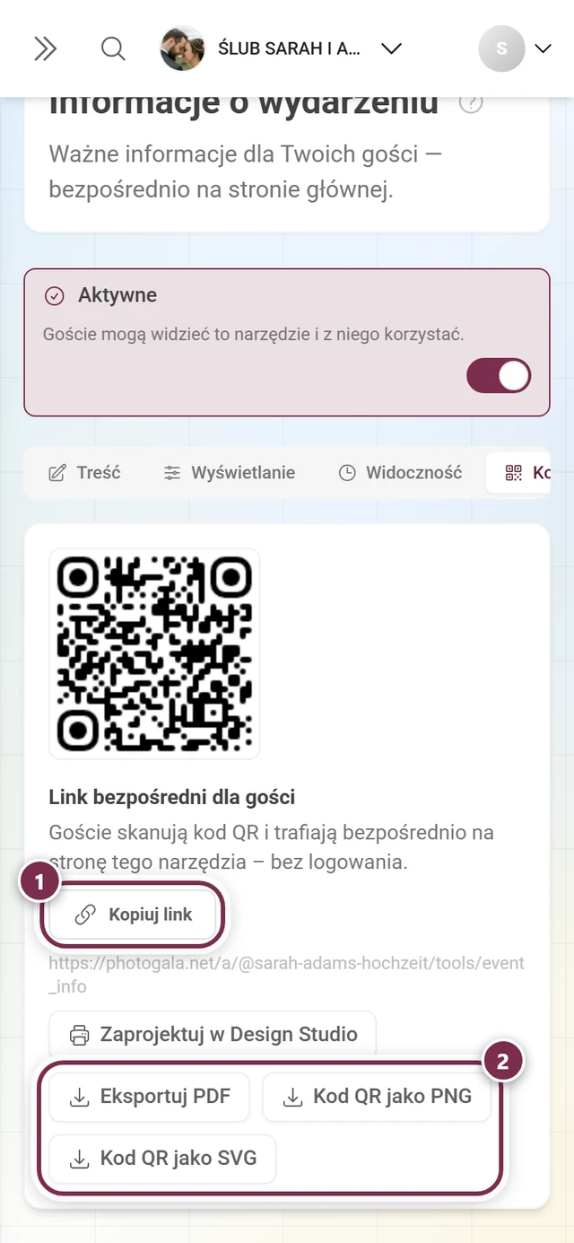 Zakładka Kod QR z kodem, przyciskiem Kopiuj link i przyciskami eksportu