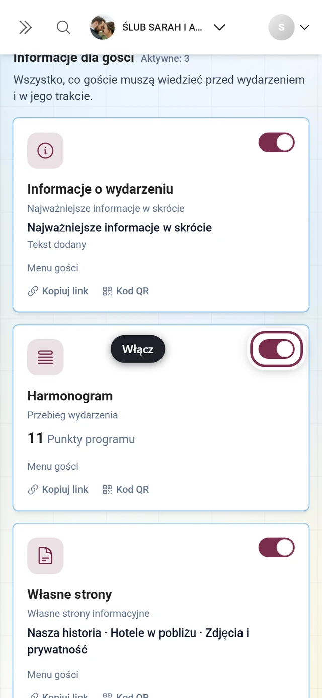 Siatka kafelków narzędzi z wyróżnionym przełącznikiem na kafelku Harmonogram
