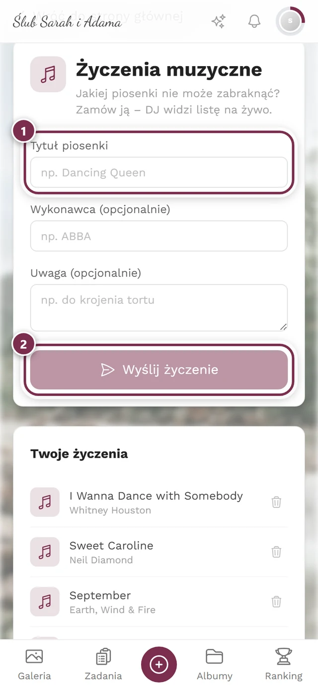 Formularz życzeń z perspektywy gościa z numerowanymi okręgami wokół tytułu piosenki i wysyłania