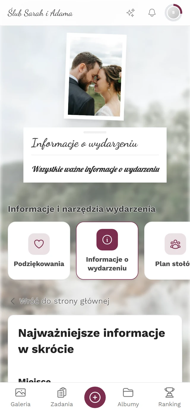 Strona narzędzia Informacje o wydarzeniu z perspektywy gościa z sekcjami o miejscu, dojeździe i parkingu
