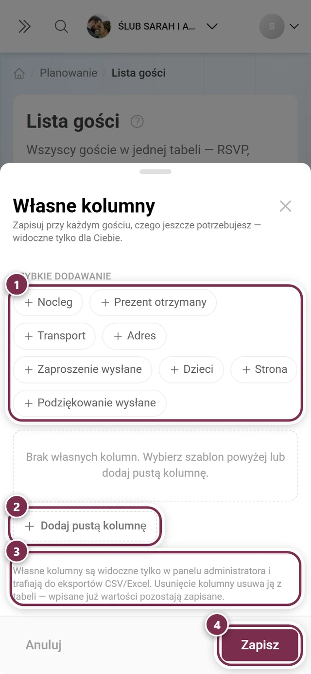 Okno Własne kolumny z zaznaczoną siatką szablonów, Dodaj pustą kolumnę, komunikatem dla administratora i Zapisz