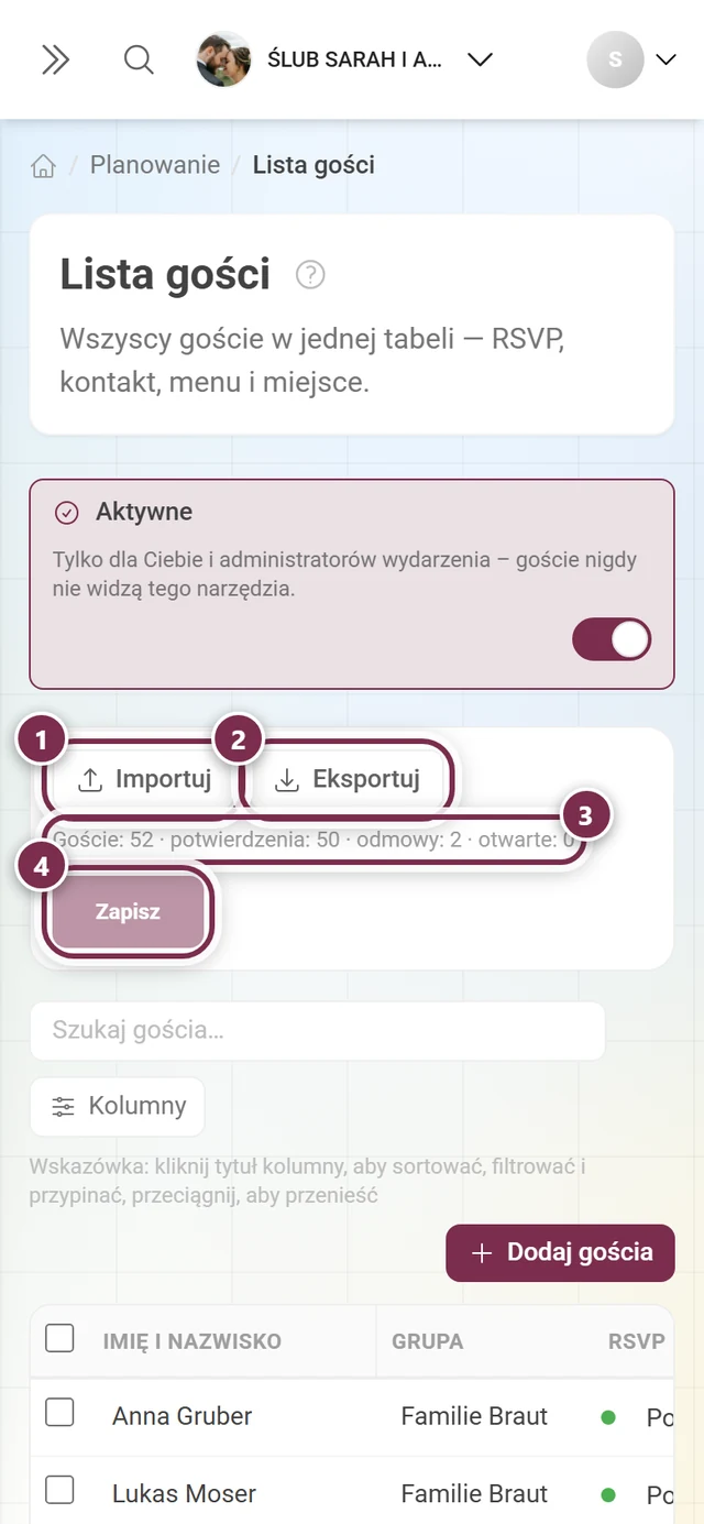 Pasek akcji listy gości z zaznaczonymi przyciskami Importuj i Eksportuj, wierszem liczników i przyciskiem Zapisz