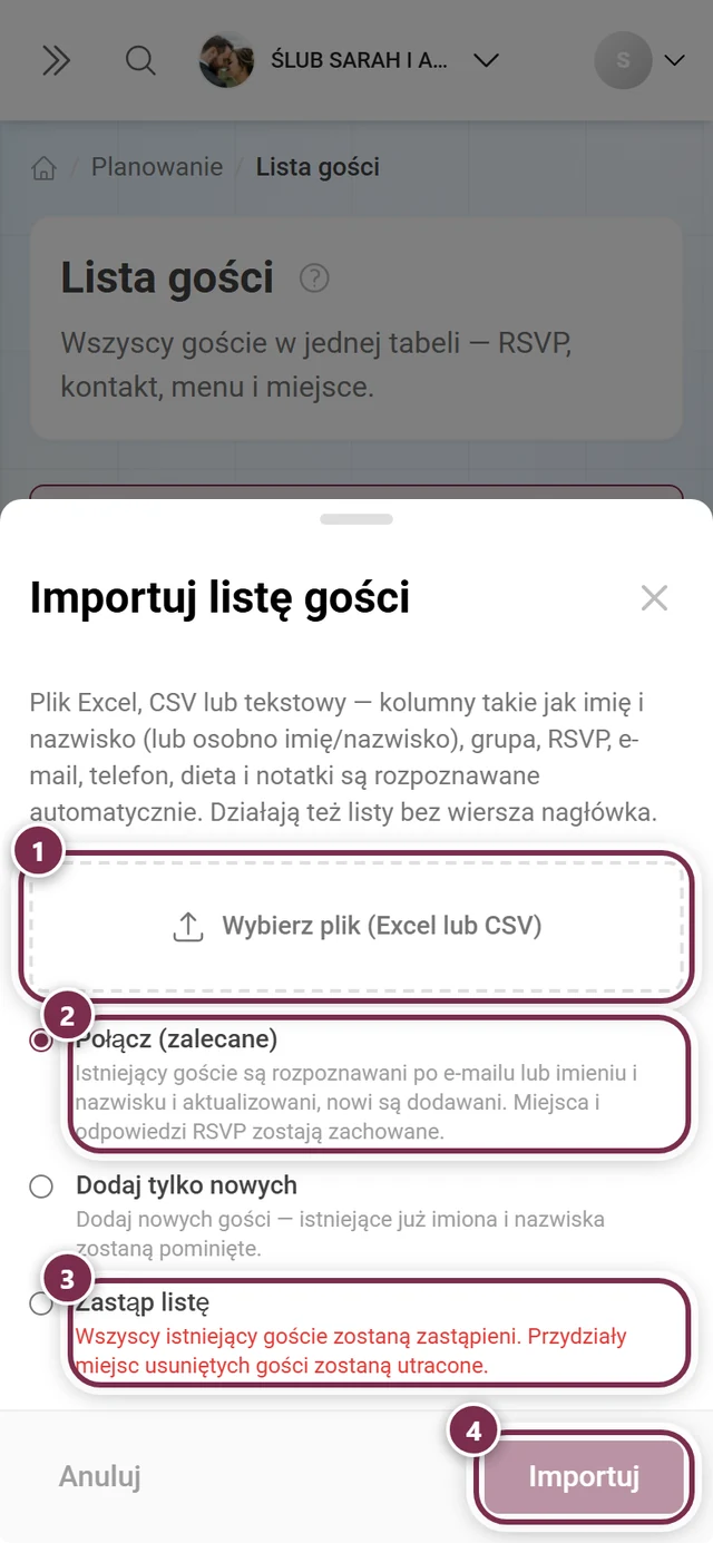 Okno Importuj listę gości z zaznaczonym wyborem pliku, trybami Połącz i Zastąp listę oraz przyciskiem Importuj