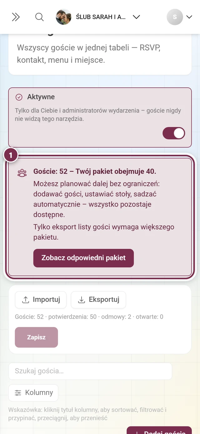 Lista gości z zaznaczonym polem limitu gości nad paskiem akcji