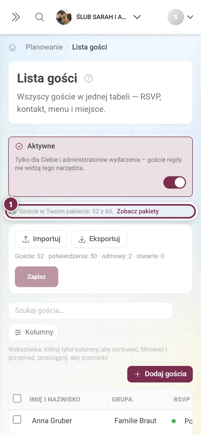 Lista gości z zaznaczonym wąskim paskiem komunikatu nad paskiem akcji