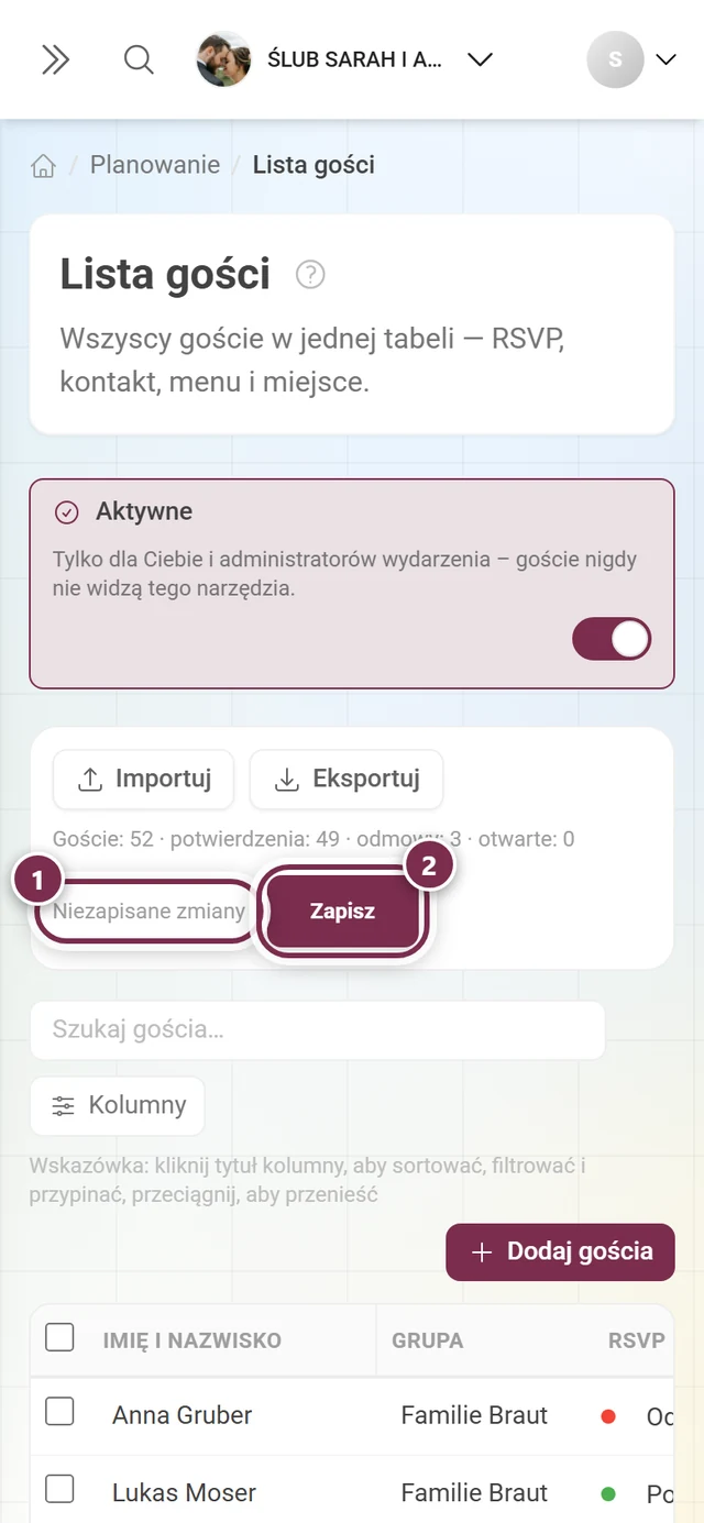 Pasek akcji listy gości z zaznaczonym komunikatem Niezapisane zmiany i aktywnym przyciskiem Zapisz