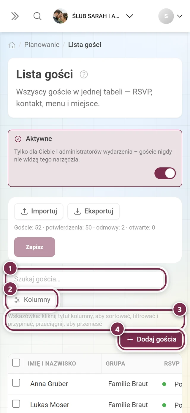 Pasek nad tabelą z zaznaczonym polem wyszukiwania, przyciskiem Kolumny, wskazówką obsługi i Dodaj gościa
