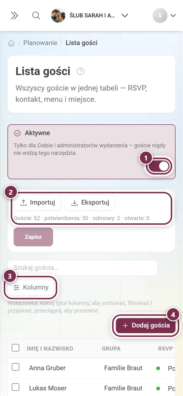 Lista gości z zaznaczonym przełącznikiem Aktywne, przyciskami Importuj i Eksportuj, przyciskiem Kolumny oraz Dodaj gościa