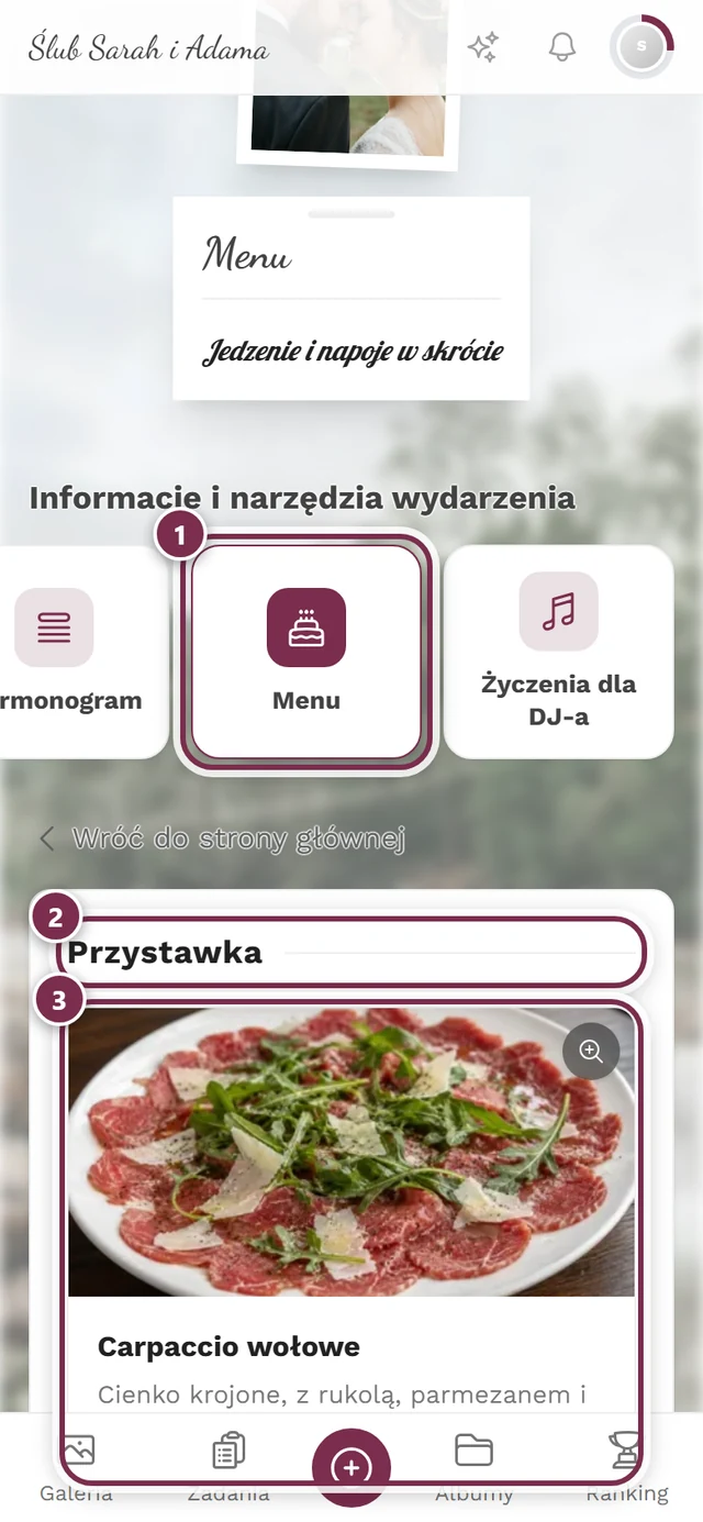 Strona menu z daniami i potrawami