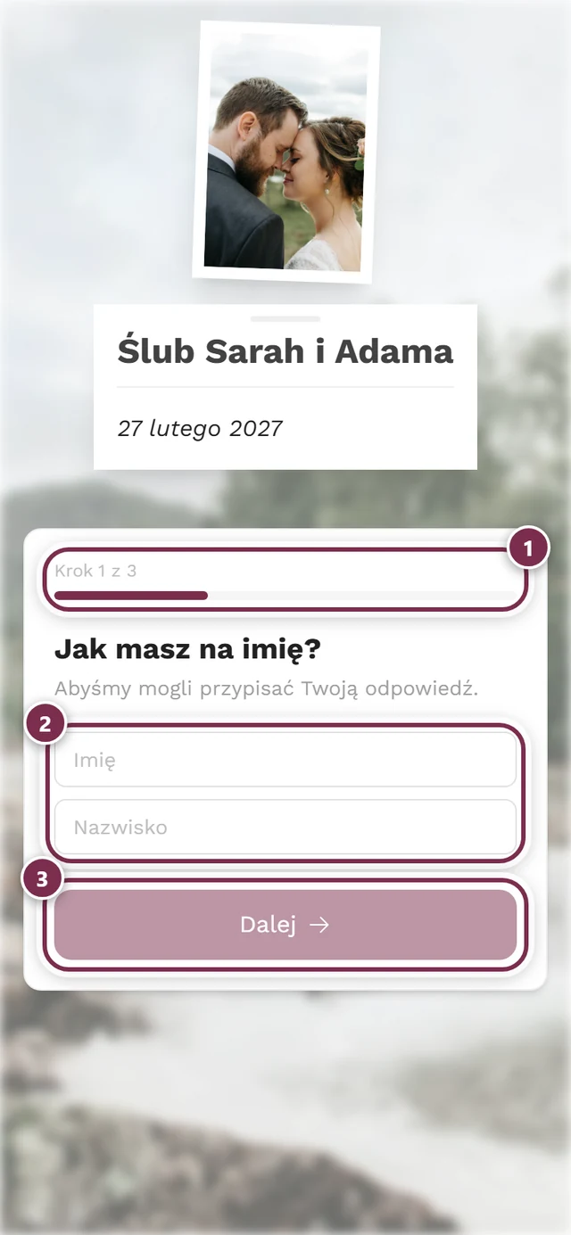 Formularz RSVP z perspektywy gościa ze wskaźnikiem kroków i polem na imię