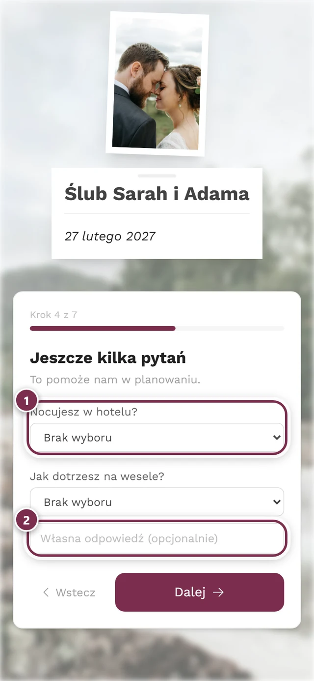 Krok Jeszcze kilka pytań z dwoma menu rozwijanymi i polem Własna odpowiedź