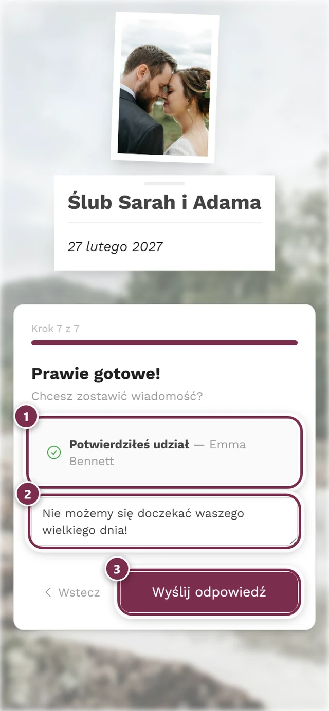 Ostatni krok Prawie gotowe z wierszem Potwierdziłeś udział i przyciskiem Wyślij odpowiedź
