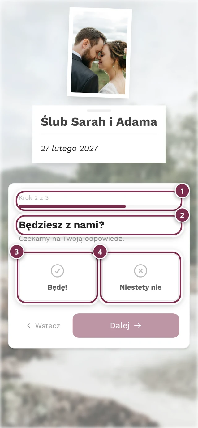 Drugi krok kreatora z kartami Będę i Niestety nie