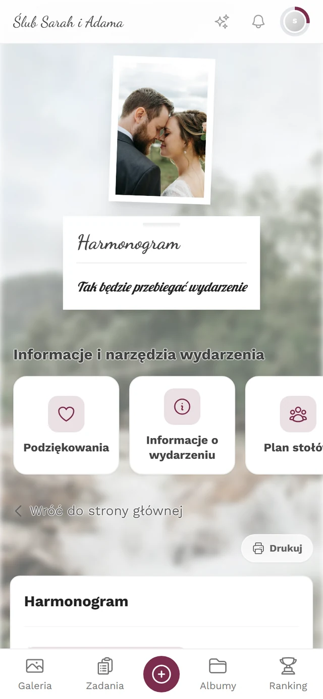 Strona harmonogramu z punktami programu wydarzenia i przyciskiem Drukuj