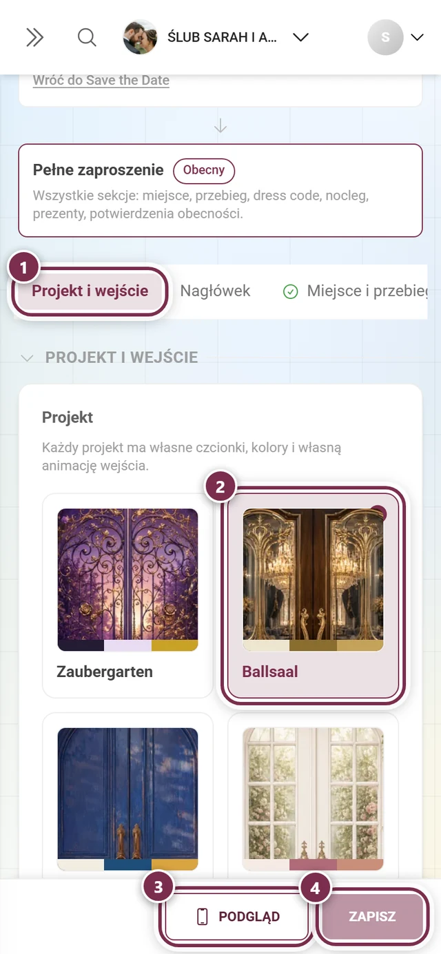 Sekcja Projekt i wejście z ponumerowanymi kółkami wokół skrótu, wybranego projektu, podglądu i zapisu