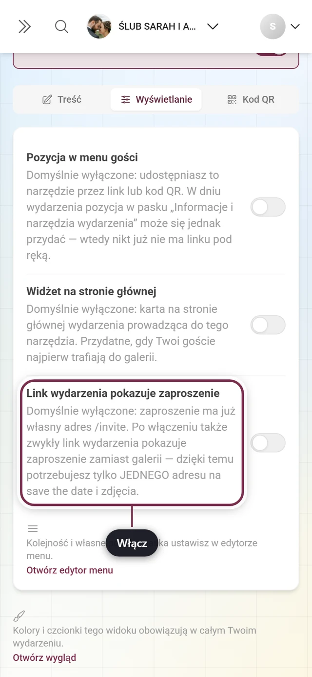 Zakładka Wyświetlanie zaproszenia z wyróżnionym przełącznikiem linku do wydarzenia