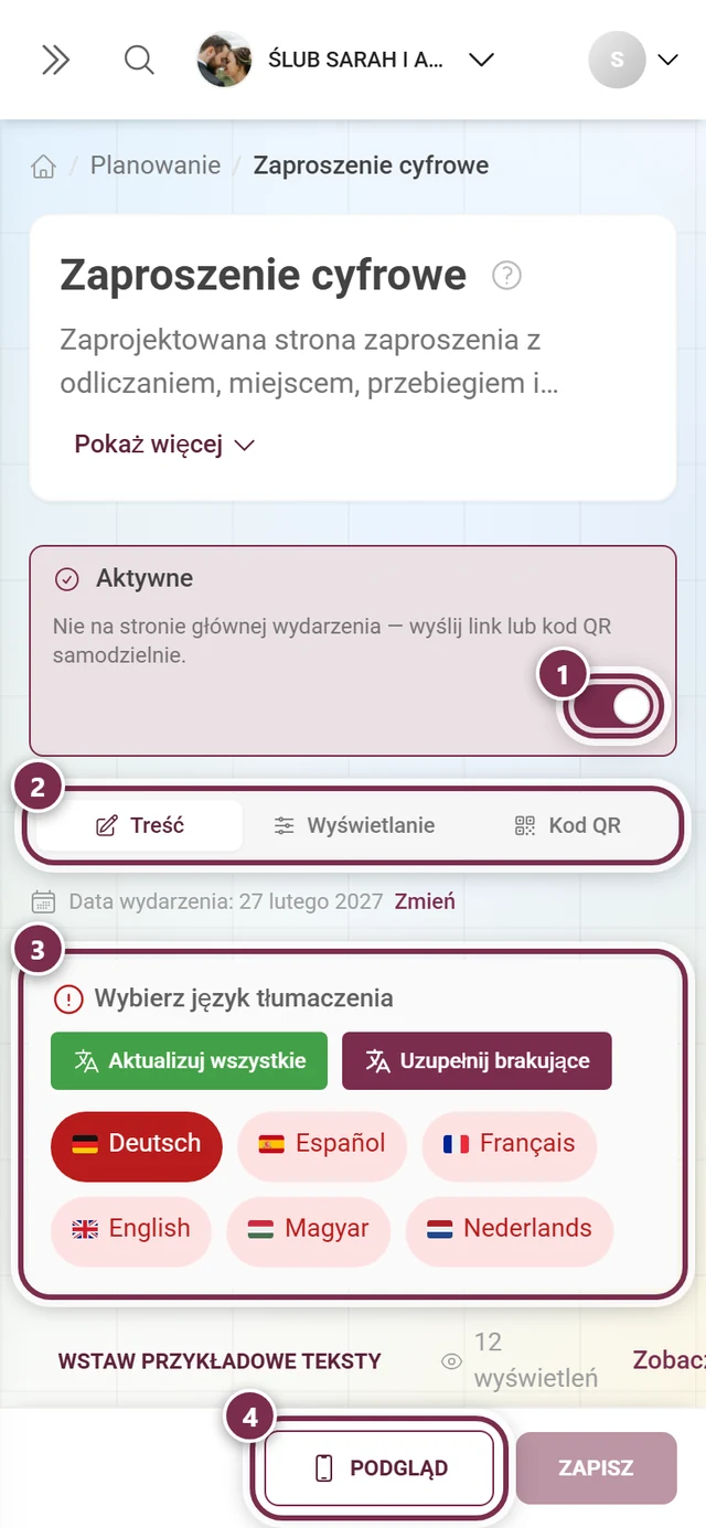 Edytor zaproszenia cyfrowego z zaznaczonym głównym przełącznikiem, zakładkami, blokiem języków i przyciskiem podglądu