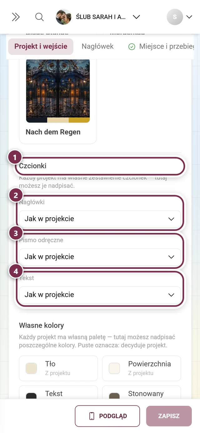 Sekcja Czcionki z ponumerowanymi kółkami wokół nagłówka i trzech ról