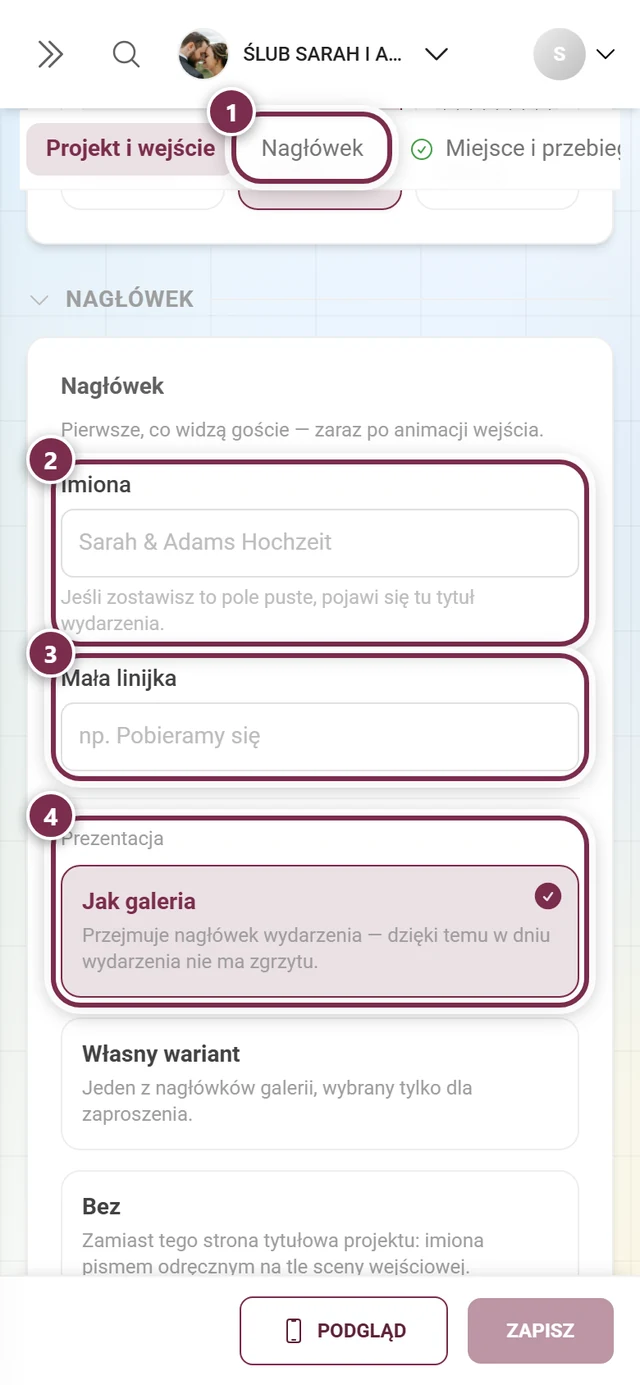 Sekcja Nagłówek z ponumerowanymi kółkami wokół skrótu, pól Imiona i Mała linijka oraz wyglądu