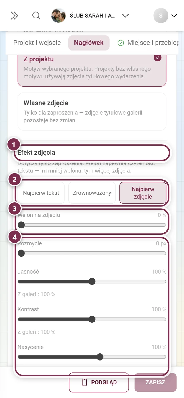 Efekt zdjęcia z ponumerowanymi kółkami wokół nagłówka, trzech ustawień wstępnych, suwaka welonu i czterech pozostałych suwaków
