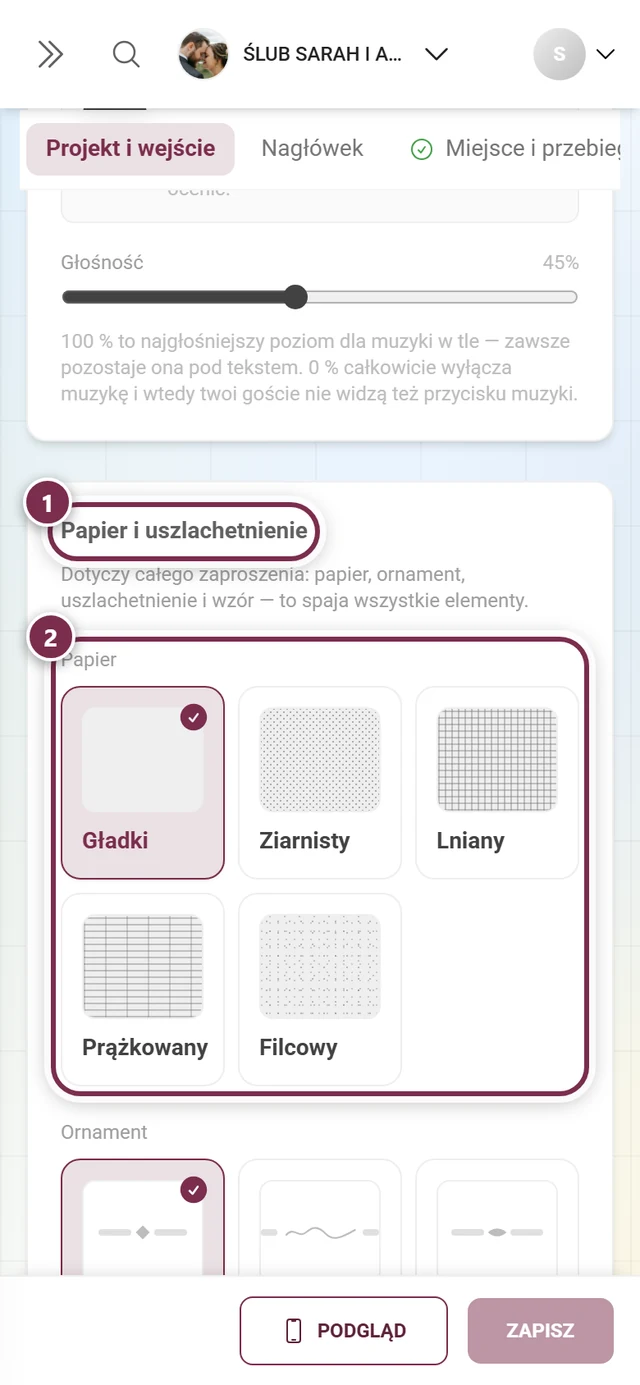 Sekcja Papier i uszlachetnienie z ponumerowanymi kółkami wokół nagłówka i wyboru papieru