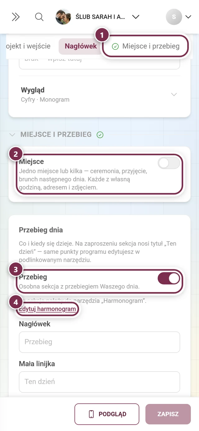 Sekcja Miejsce i przebieg z ponumerowanymi kółkami wokół skrótu, obu przełączników i Edytuj harmonogram