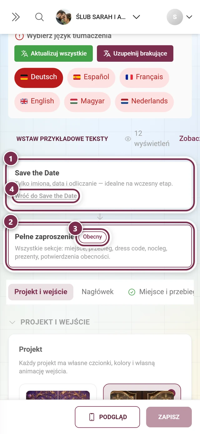 Dwie karty Save the Date i Pełne zaproszenie z ponumerowanymi kółkami