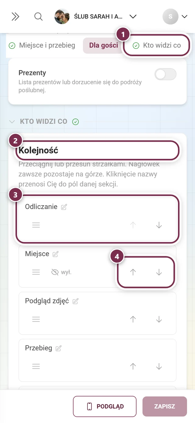 Sekcja Kto widzi co z ponumerowanymi kółkami wokół skrótu, nagłówka Kolejność, wiersza Odliczanie i strzałek wiersza Miejsce