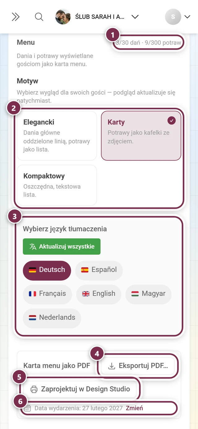 Górna część zakładki Treść z licznikiem, trzema kafelkami wyglądu, wyborem języka i przyciskami eksportu