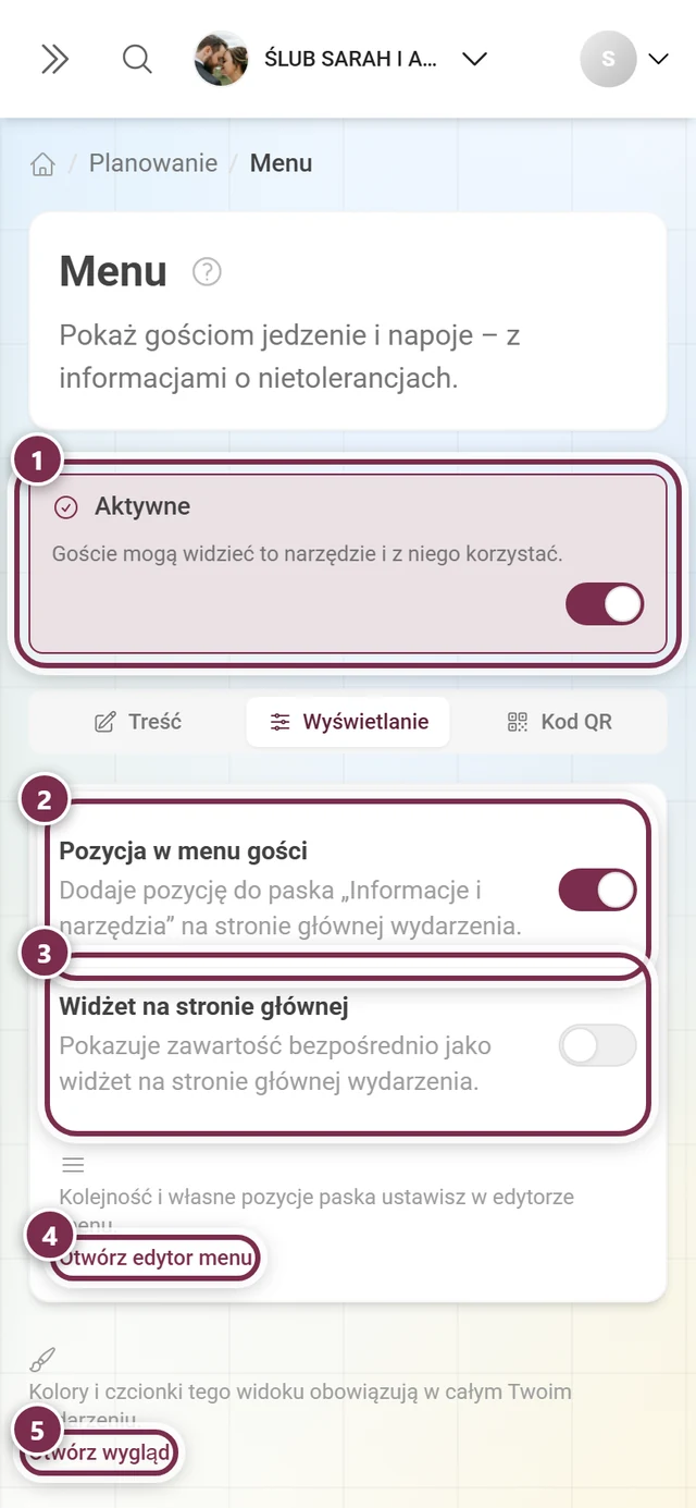 Zakładka Wyświetlanie narzędzia Menu z przełącznikiem Aktywne, Pozycja w menu gości i Widżet na stronie głównej