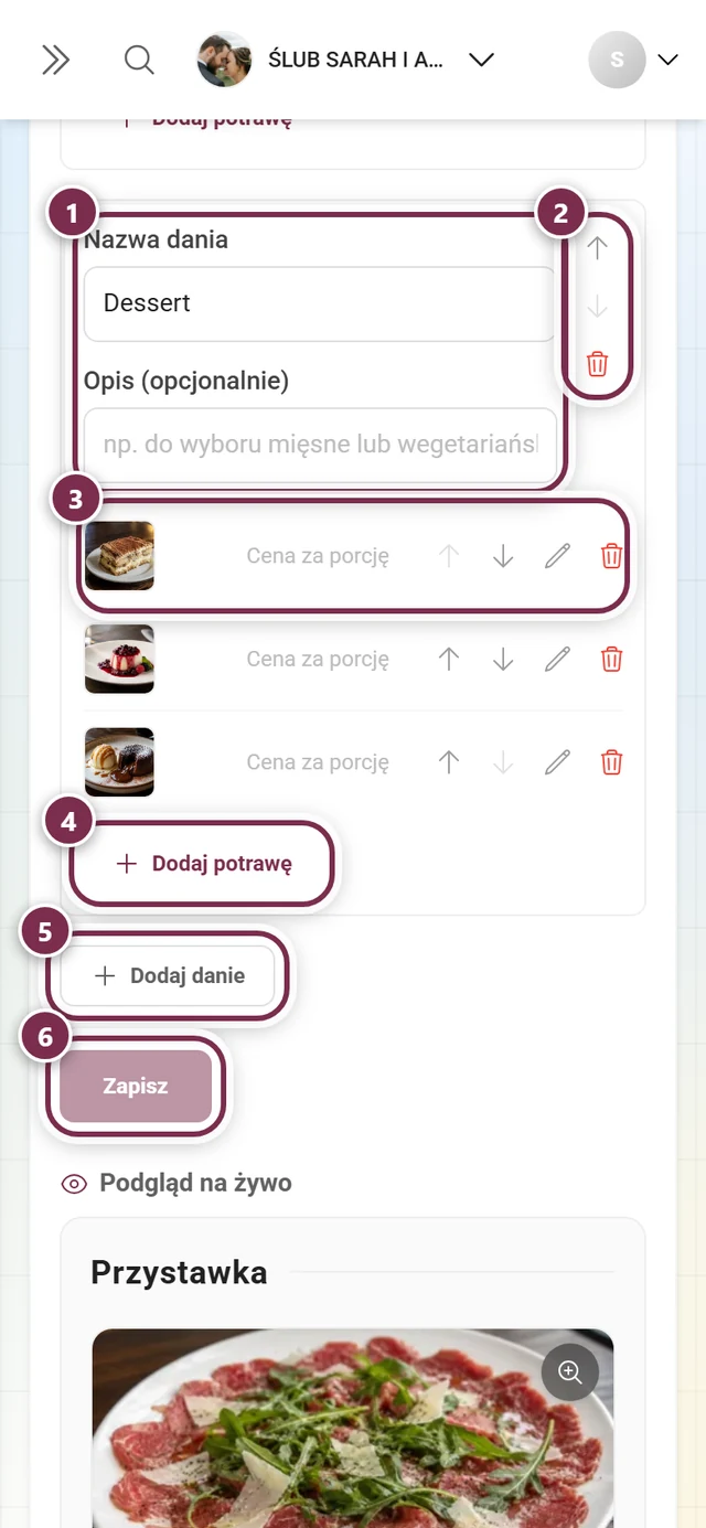 Edytor menu z daniem Deser i potrawami tiramisu, panna cotta i ciasto czekoladowe