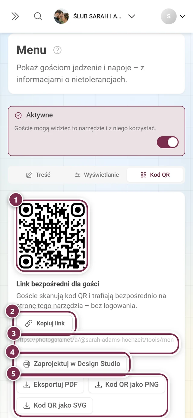 Zakładka Kod QR narzędzia Menu z kodem QR, linkiem bezpośrednim i przyciskami Kopiuj link, Zaprojektuj w Design Studio, Eksportuj PDF, Kod QR jako PNG i Kod QR jako SVG