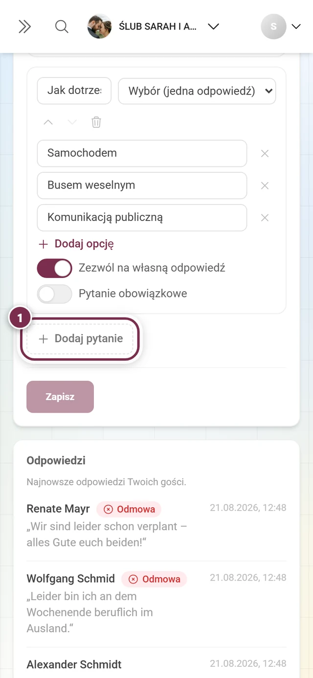 Przycisk Dodaj pytanie pod istniejącymi pytaniami