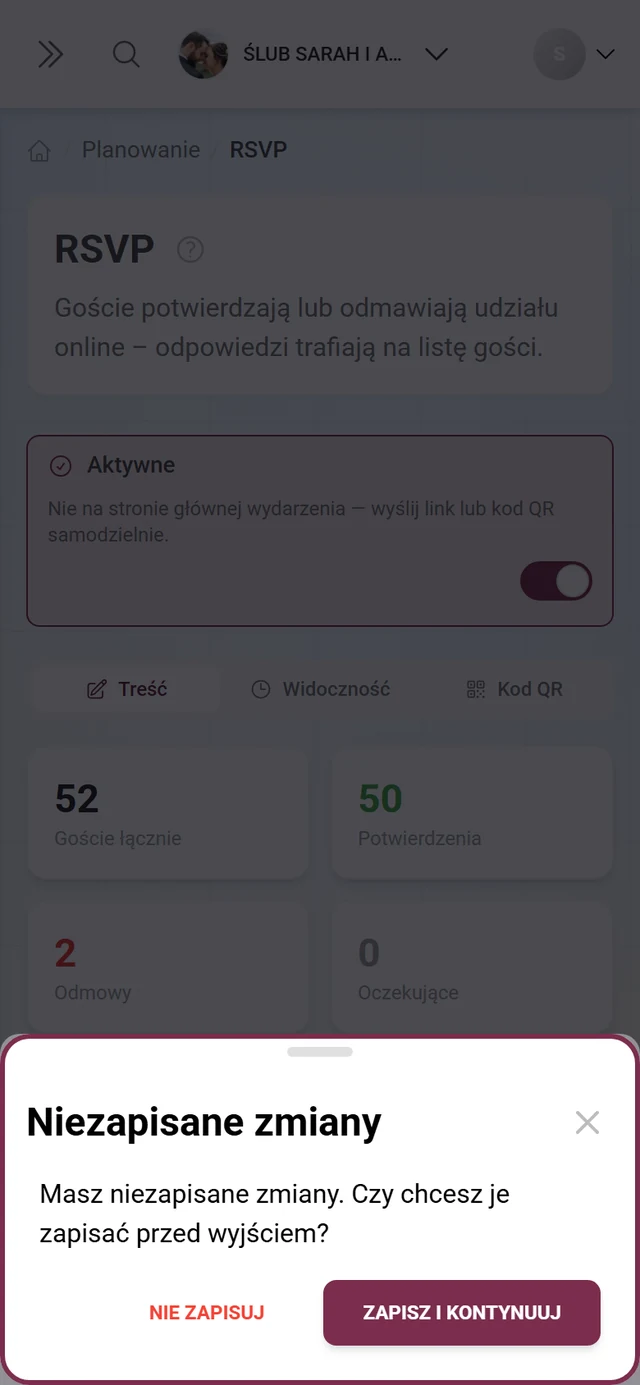 Pytanie przy zmianie zakładki z otwartą wersją roboczą