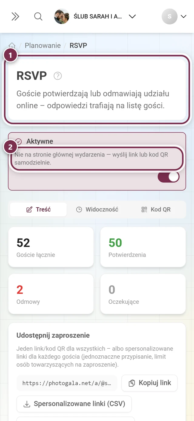 Nagłówek edytora RSVP z tytułem i paskiem Aktywne