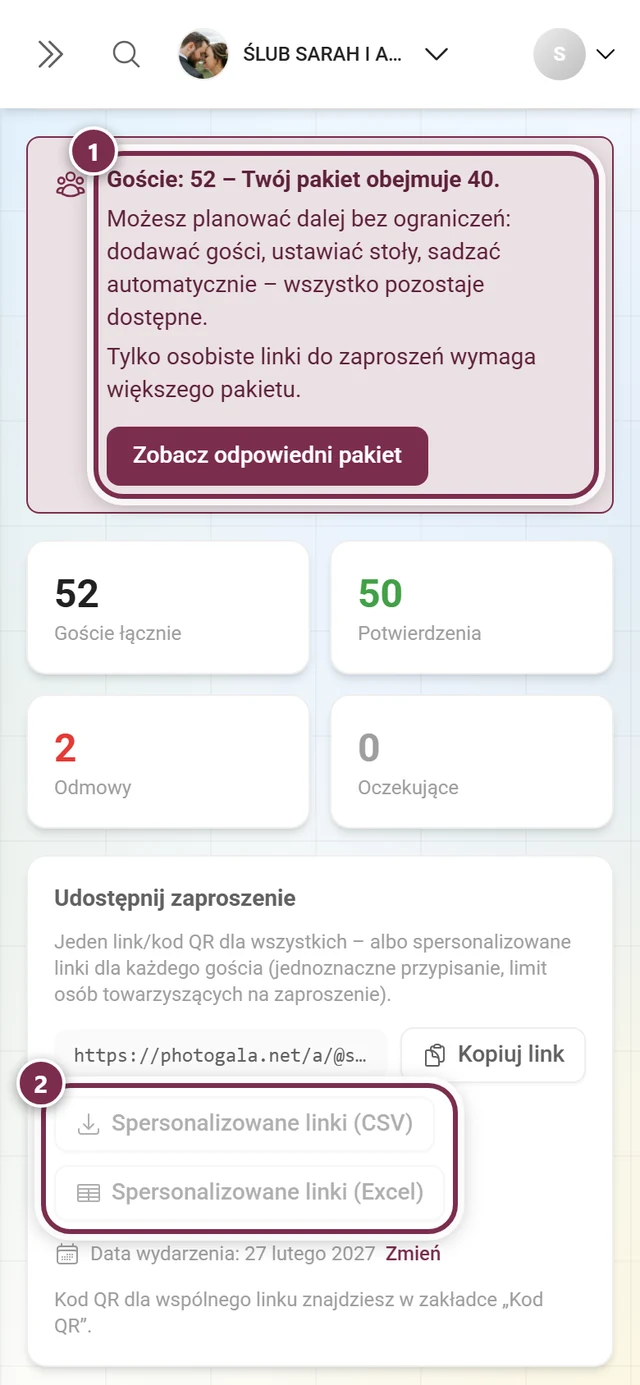 Ramka limitu nad edytorem i wyszarzone przyciski spersonalizowanych linków