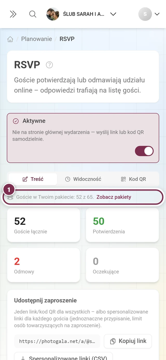 Wąski wiersz informacji nad wskaźnikami: 52 z 65 gości w Twoim pakiecie
