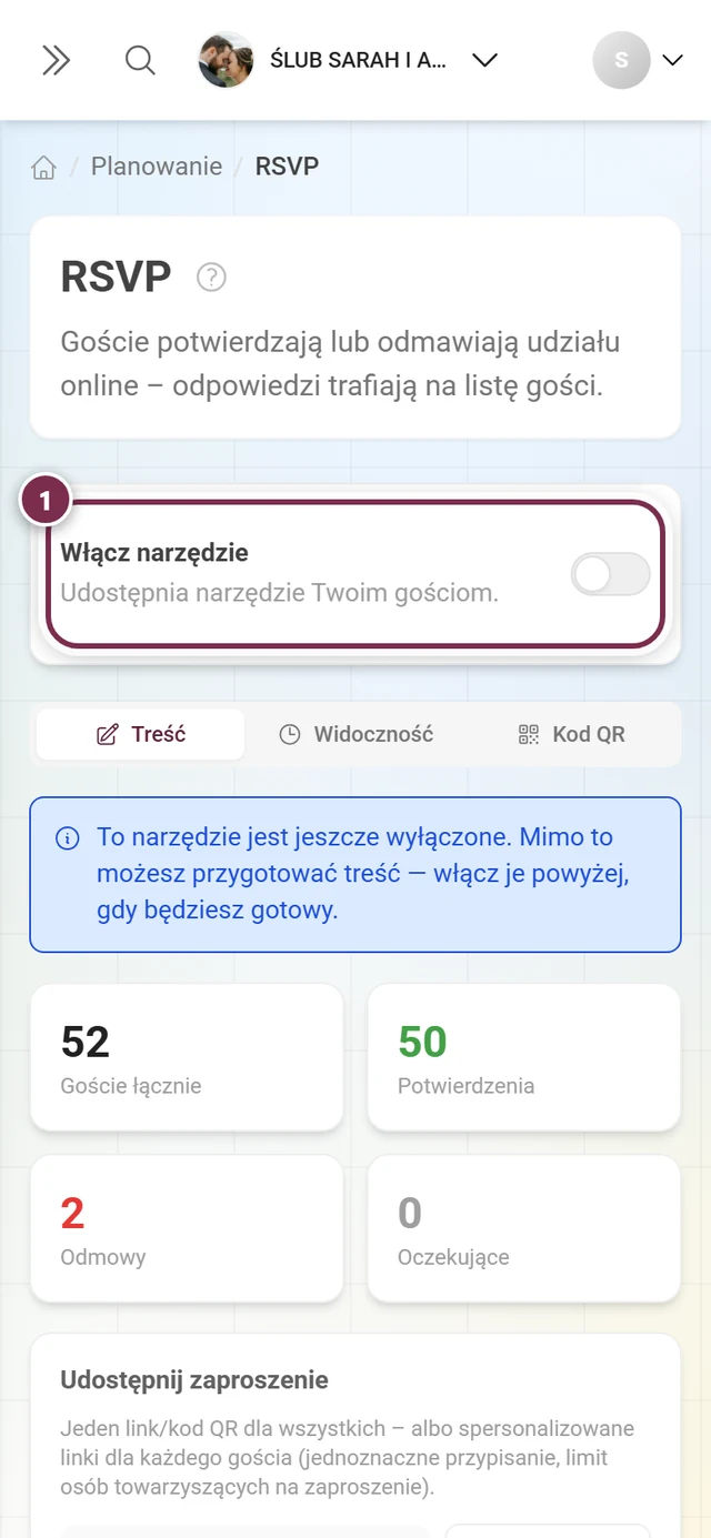Karta Włącz narzędzie w stanie wyłączonym z niebieską informacją pod spodem