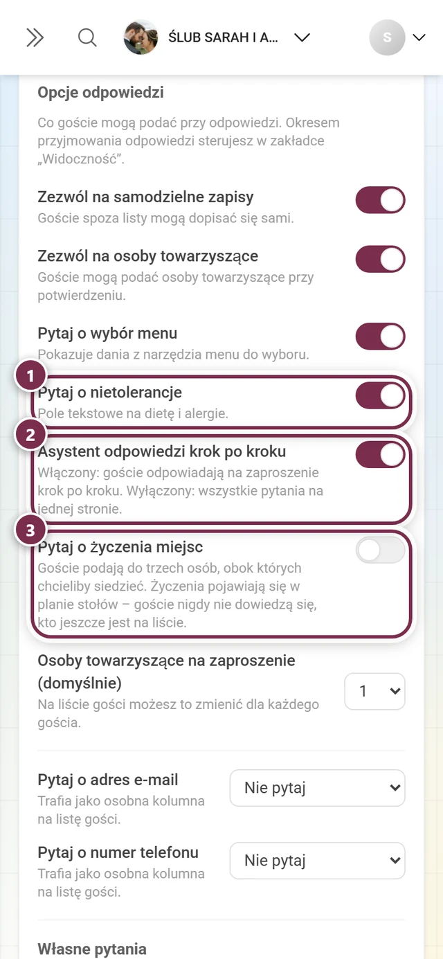 Kolejne trzy opcje odpowiedzi: nietolerancje, asystent odpowiedzi i życzenia dotyczące miejsc