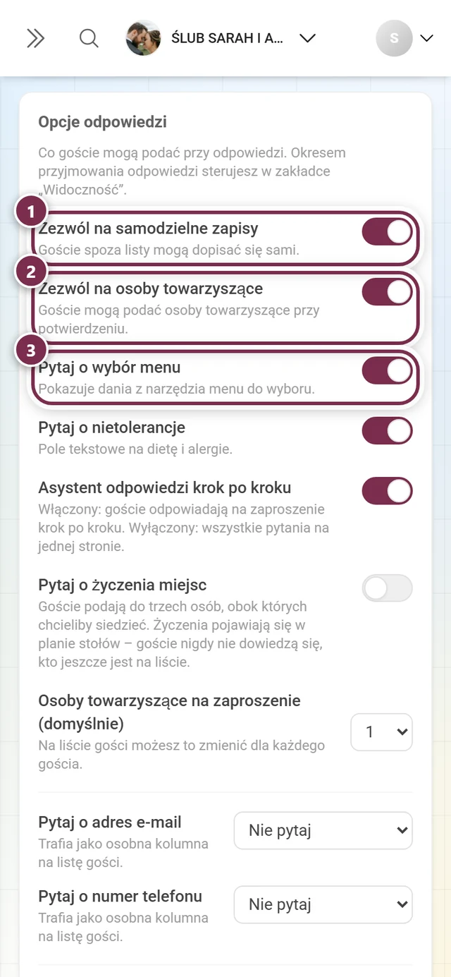 Pierwsze trzy opcje odpowiedzi: samodzielne zapisy, osoby towarzyszące i wybór menu