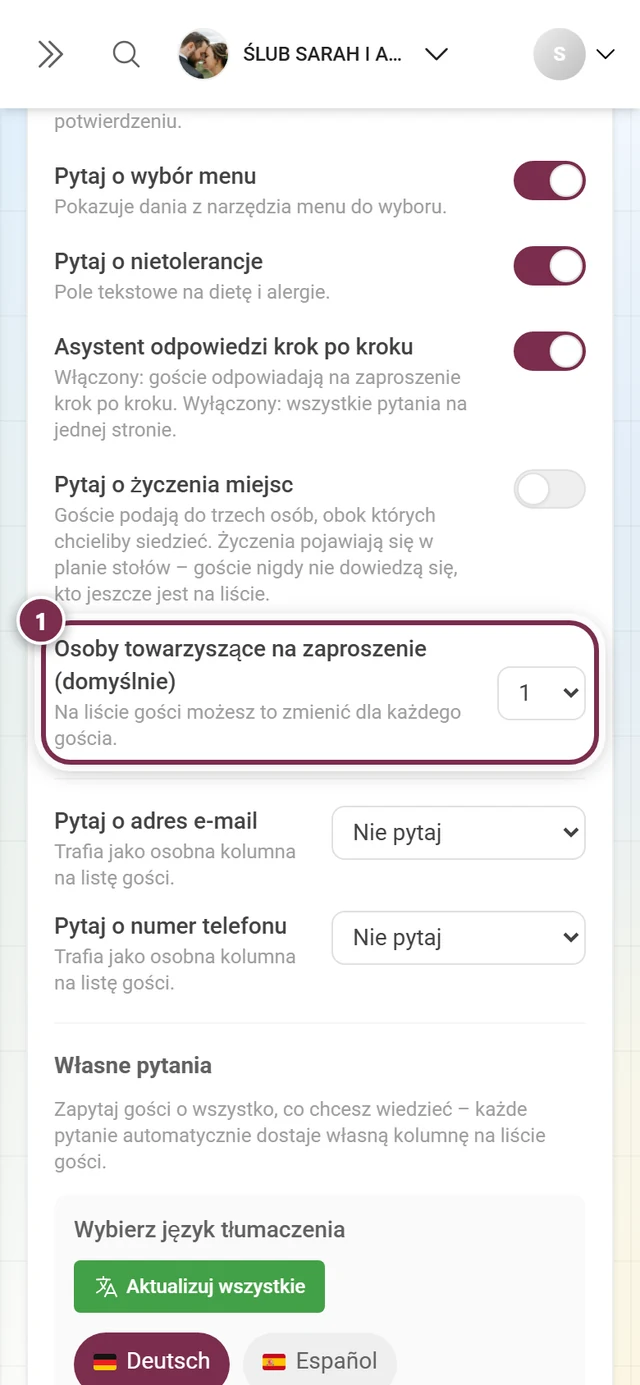 Menu rozwijane Osoby towarzyszące na zaproszenie (domyślnie)