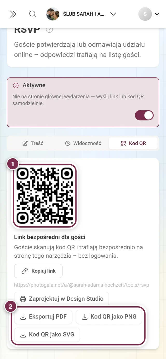 Zakładka Kod QR z kodem, bezpośrednim linkiem i trzema przyciskami plików