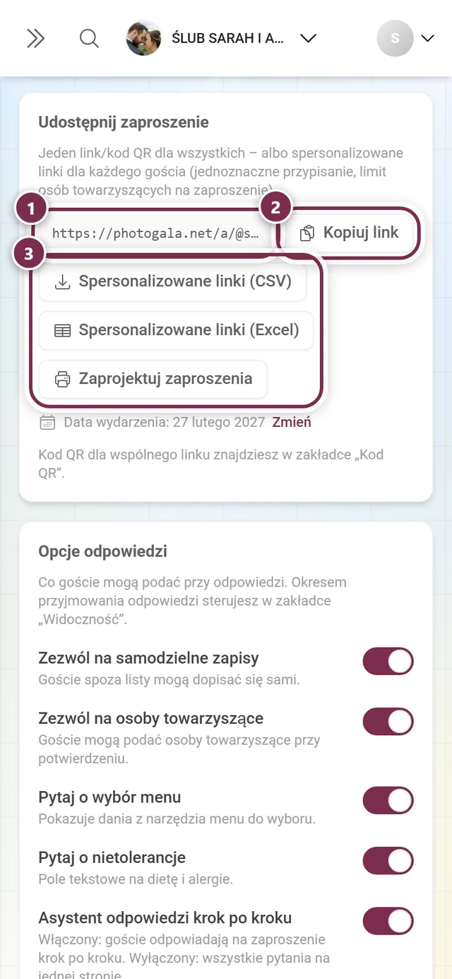 Sekcja Udostępnij zaproszenie z adresem, Kopiuj link i trzema przyciskami wysyłki