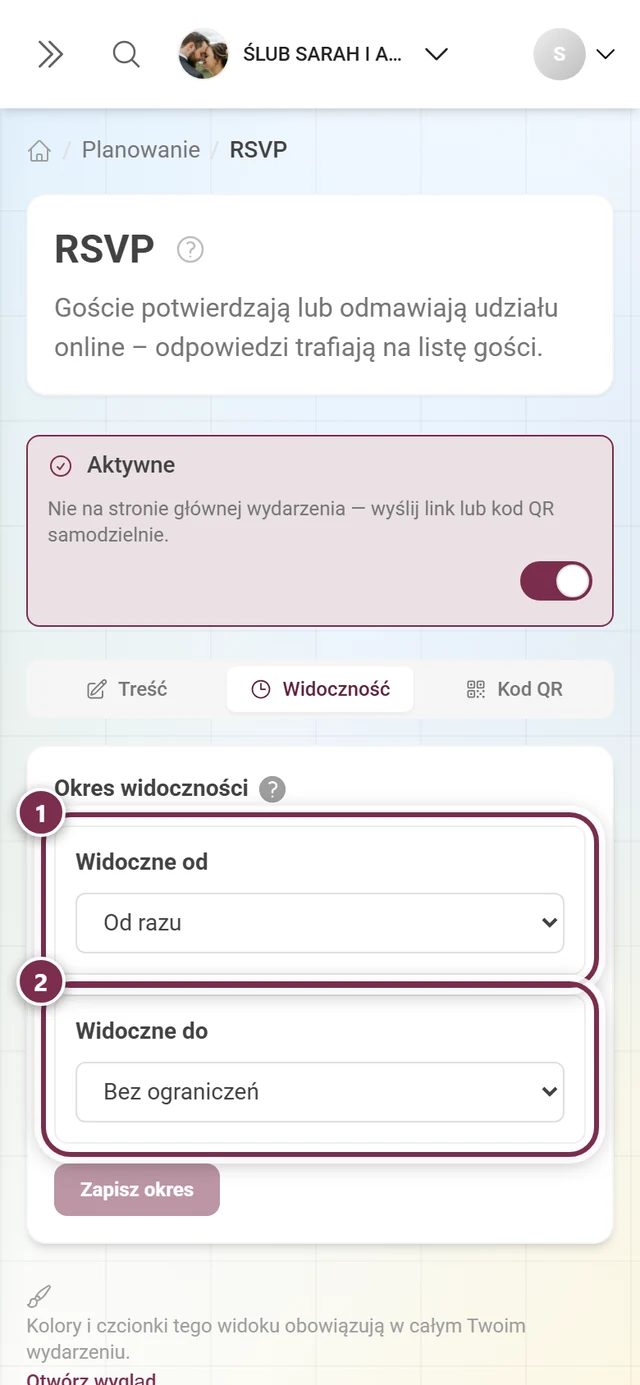 Zakładka Widoczność z polami Widoczne od i Widoczne do
