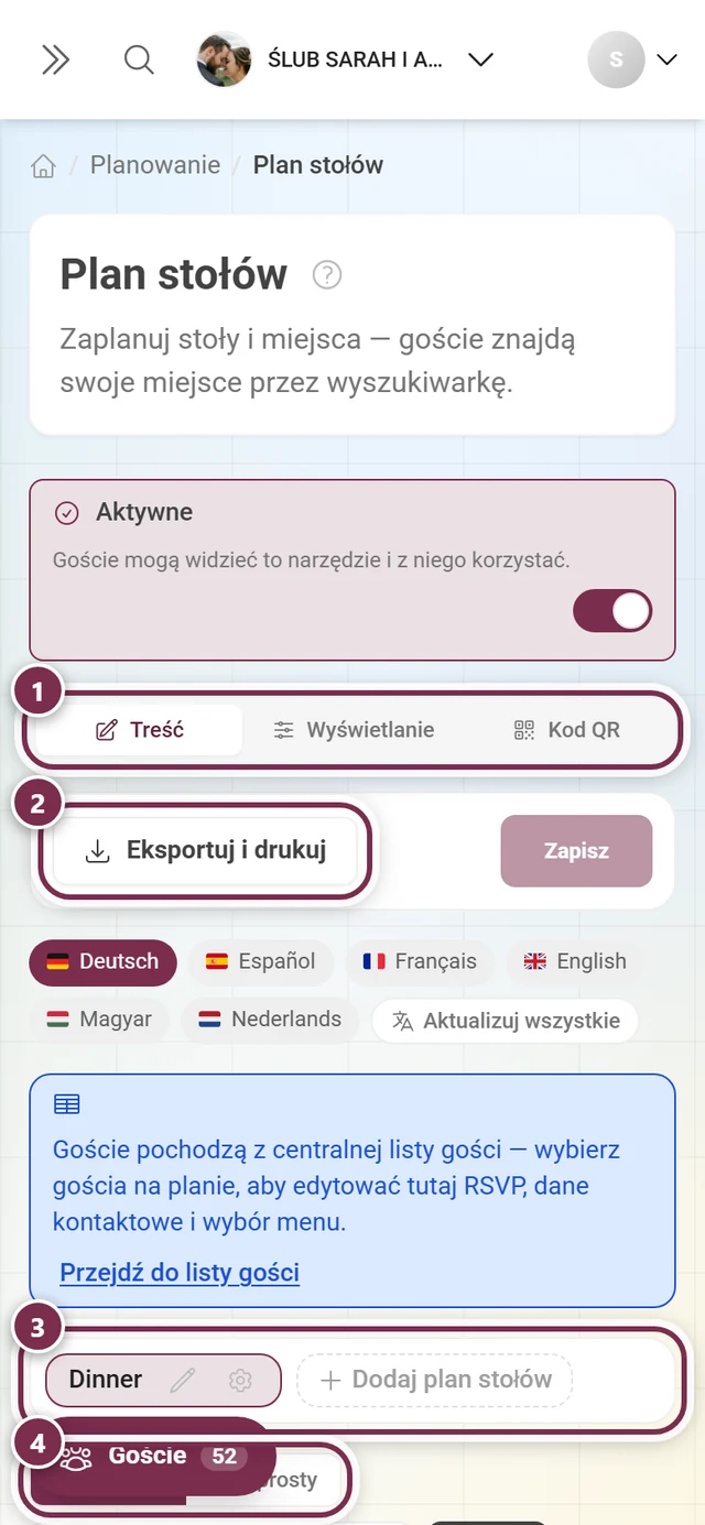 Edytor planu stołów z niebieską informacją o centralnej liście gości i wyborem planu